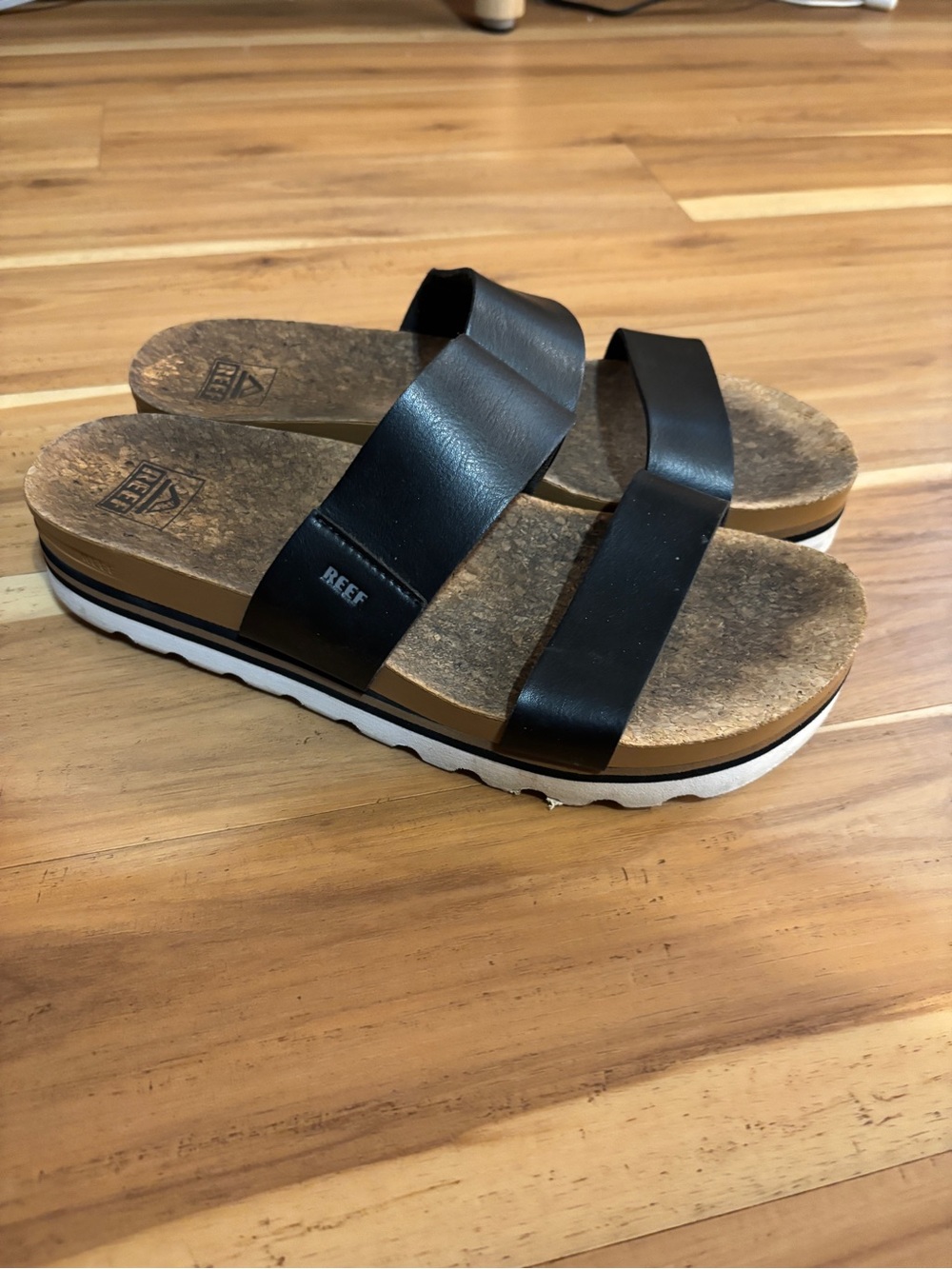 Reef Women's Black Double-Strap Platform Slides with Cork Footbed - Picture 1 of 3